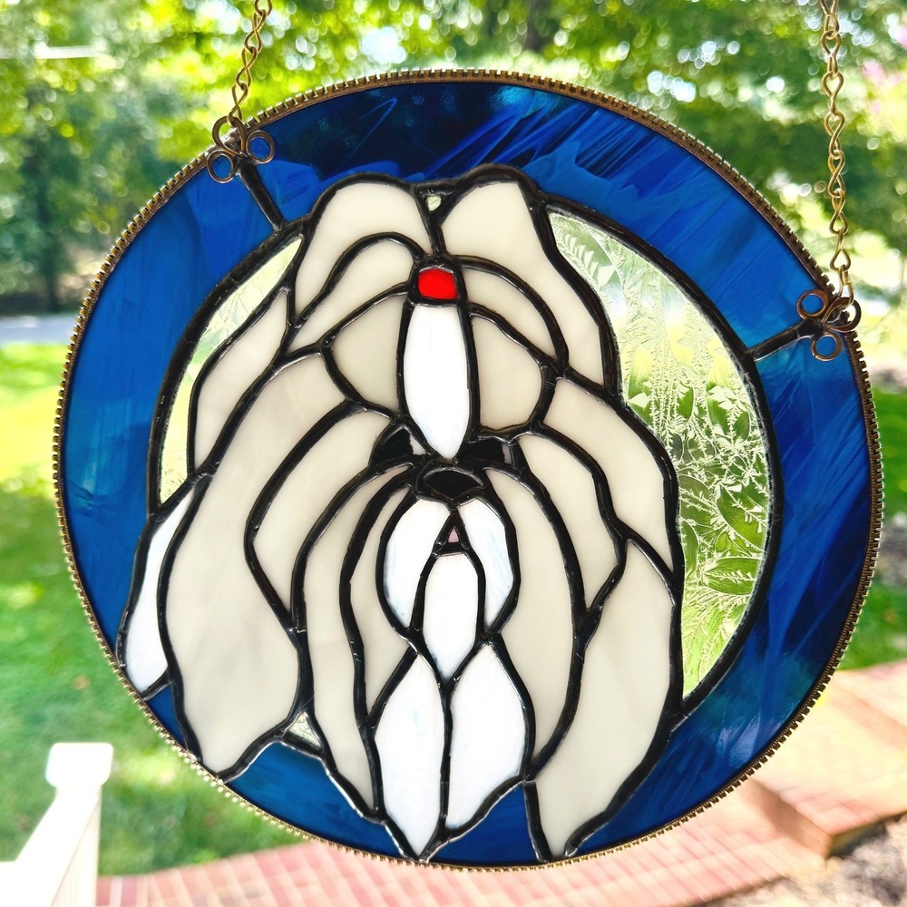 Stained Glass Maltese Shih Tzu Dog Suncatcher 10" Round Blue Window Hanging Vtg.